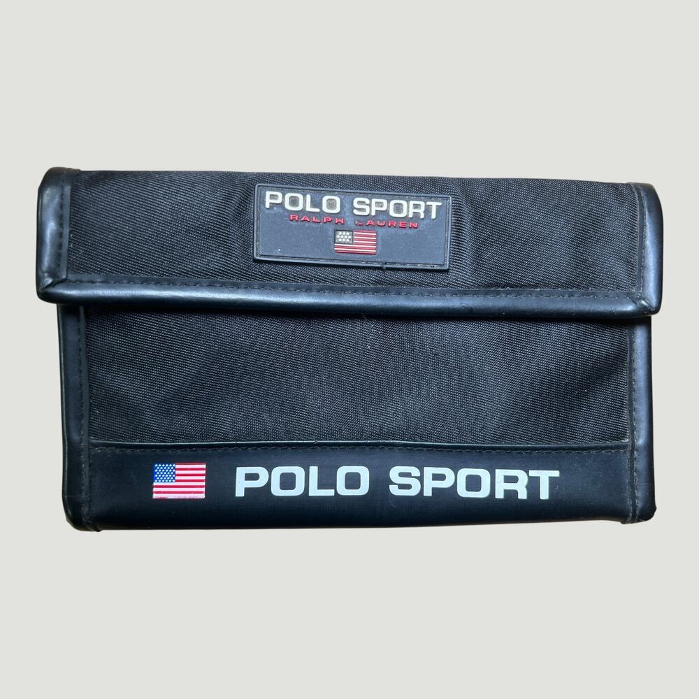Vintage Polo Sport Ralph Lauren Trifold Wallet Black Nylon Flag Logo Y2K